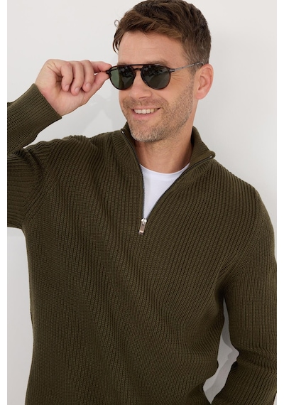 Tudors Erkek Slim Fit Dar Kesim Fermuarlı Haki Dik Yaka Triko Kazak-34923 Haki
