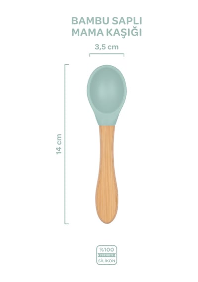 Silikon Beslenme Seti 3'lü Spring Yeşil / Mama Tabağı, Bambu Saplı Mama Kaşığı Ve Çatalı