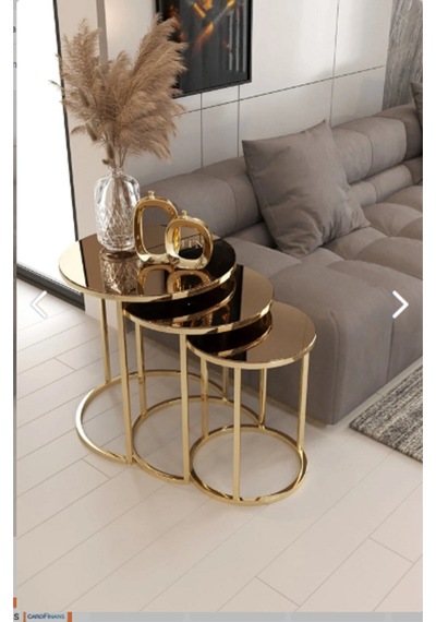 Ecoline Desing Gold Metal Kırılmaz Bronz Ayna 3'lü Zigon Sehpa Bronz