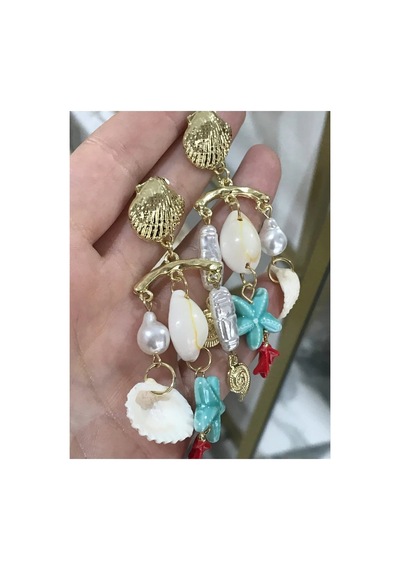 Deniz Kabuklu Ve Gold Detaylı Küpe Çok Renkli