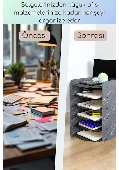 Tr Dosya Düzenleyici Masa Üstü Organizer Ahşap Evrak Rafı Siyah Mermer Renk Model 26, Eorganizer26 Genel