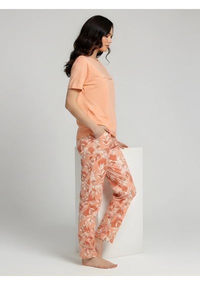 Kadın Kısa Kollu Desenli Pijama Takım Turuncu