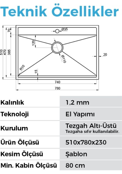 Crauf Poli 6303 Pvd Altın Tek Gözlü 51x78 Cm Paslanmaz Çelik Mutfak Eviyesi Altın