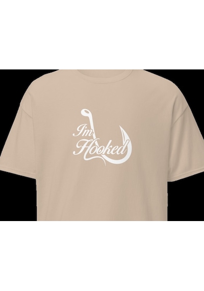 Wildstyle I'm Hooked Balıkçılık Olta Balıkçı Tutkusu Baskılı Unisex Bisiklet Yaka Pamuklu Tişört Camel