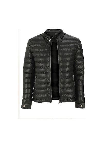 Oliggopol Erkek Siyah Slim Fit İçi Kürklü Şişme Deri Ceket & Mont Siyah