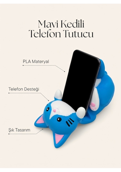Mavi Kedi Figürlü Telefon Tutucu Stand - 3d Baskı Ofis Masaüstü Aksesuarı Ve Biblo