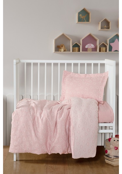 Bebek Müslin %100 Pamuk Jakarlı Nevresim Takımı - Heart Pembe Pembe