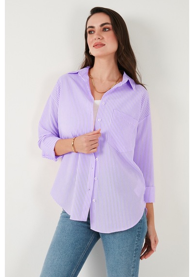 Lela Regular Fit Uzun Kollu Cepli Çizgili Bayan Gömlek 6772895 Lila Lela Regular Fit Uzun Kollu Cepli Çizgili Bayan Gömlek 6772895 Lila