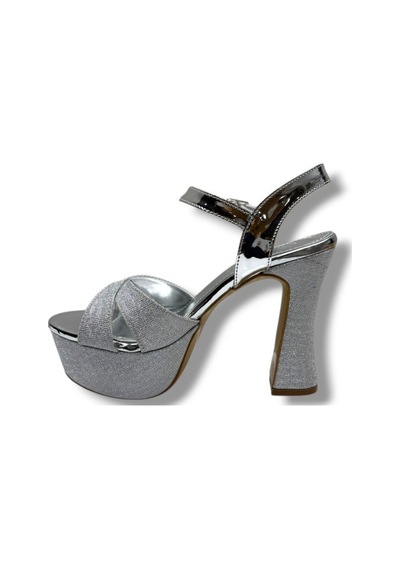 Defne 788-26 Simli Saten Çapraz Bant 30mm Platform Topuk Kadın Sandalet 12cm Gümüş