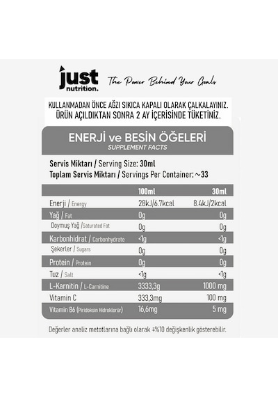 Just Nutrition L-carnitine 1000 Mg 1000 Ml 33 Servis Limon + 2 X L-karnitin Shot
