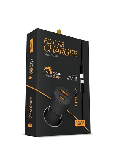 Powerway Cc36 30w Pd + Qc 3.0 Çift Çıkışlı Metal Araç Çakmaklık Hızlı Şarj Kablolu Set