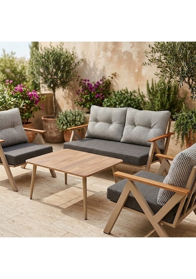 Venedik 2+1+1+sehpa Metal Balkon Takımı Keten Dokulu Kumaş Cappuccino Metal - Bahçe Teras Oturma Grubu