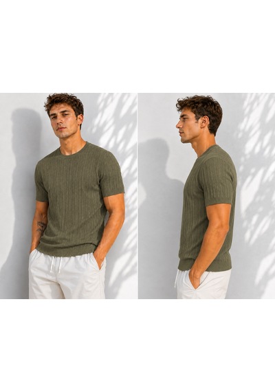 Ribana Erkek Bisiklet Yaka Kısa Kollu Esnek Örme Triko T-shirt 26091 Haki