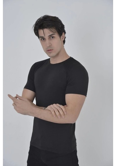 Erkek Omuz Fileli T-shirt Kısa Kol Bisiklet Yaka Slimfit Tişört - Siyah Siyah