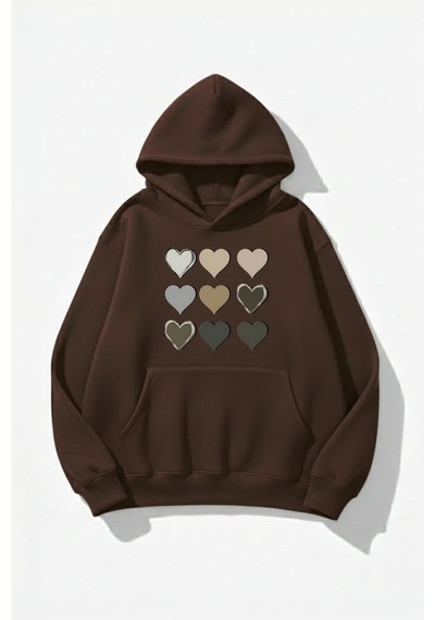 Uyguntarz Unisex Yumuşak Dokulu 9'lu Kalp Baskılı Tasarım Oversize 3 İplik Hoodie Sweatshirt Kahverengi