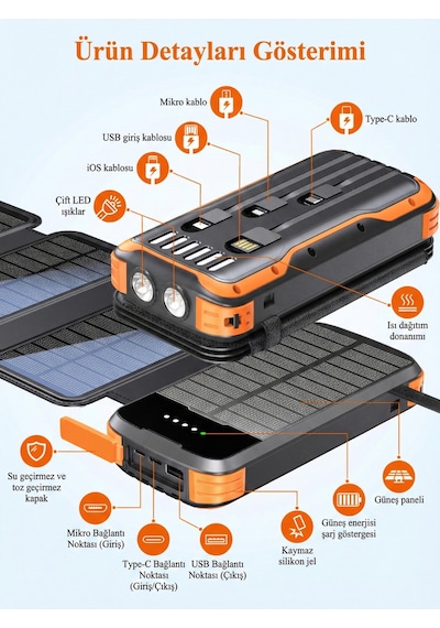 20000mah Solar Powerbank - Katlanabilir 4 Panel, Darbeye Dayanıklı Kasa Ve Fenerli Kamp Şarj Aleti Siyah Turuncu