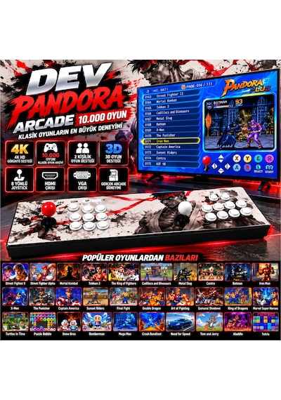 Schitec Dev Pandora Arcade 10.000 Oyun 4k Hd 2 Kişilik Büyük Boy Retro Oyun Konsolu