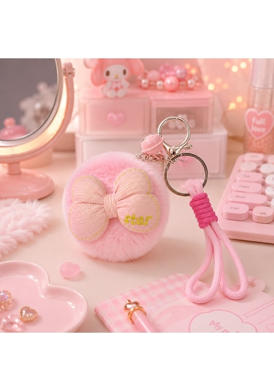 Pembe Peluş Fiyonk Tasarımlı Çift Taraflı Katlanabilir Cep Makyaj Aynası Anahtarlıklı Çanta Aksesuar Çok Renkli