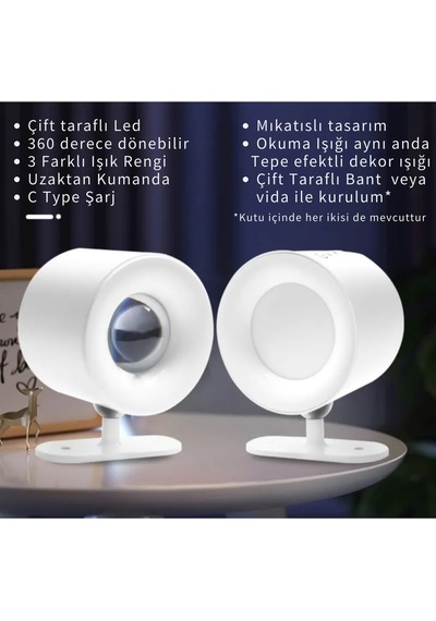 Led Kablosuz 360 Dönen Şarjlı Yatak Başı Çalışma Masası Ledli Duvar Aplik 3 Renk Işıklı Gece Lambası Çok Renkli