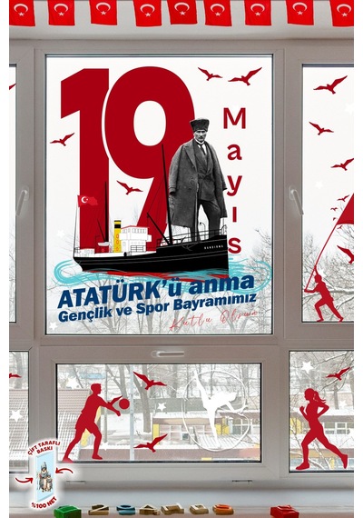 19 Mayıs Atatürk Ü Anma Gençlik Ve Spor Bayramı Çift Taraflı Cam Sticker Set 100% Görünüm,90 Parça Dijital Baskı