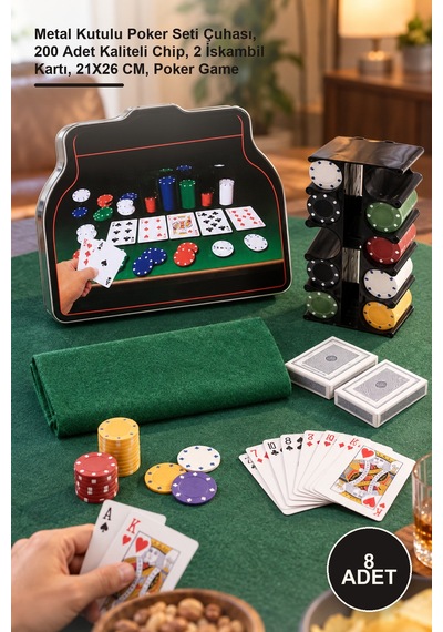 8 Adet Poker Oyunu Metal Kutulu Poker Seti Çuhası, 200 Adet Kaliteli Chip, 2 İskambil Kartı, 21x26 Cm, Poker Game