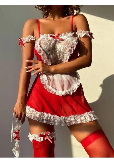 Ang Butik Kadın Fiyonk Detaylı Kırmızı Hizmetçi Kostümü Takımı