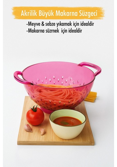 Akrilik Pembe Makarna Süzgeçi & Sebze Meyve Süzgeçi Karışık