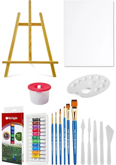 Masaüstü Şövale Akrilik Boya Seti 9 Ml 12'li Tuval Seti 35x50 Plastik Spatula Seti Çok Renkli