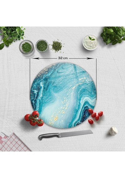 Cam Kesme Tablası - Cam Kesme Tahtası Turkuaz Desen Çap32cm