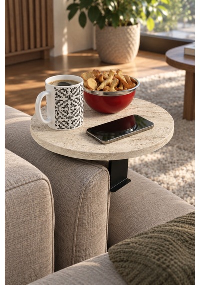 Sulorahome Ekru Traverten Desenli Koltuk Kolu Yan Sehpa 34 Cm
