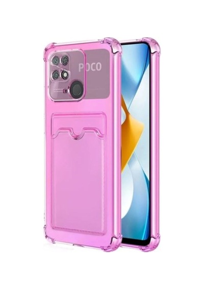 Xiaomi Poco C40 Kılıf Kartlıklı Darbe Korumalı Silikon + Ekran Koruyucu Pembe