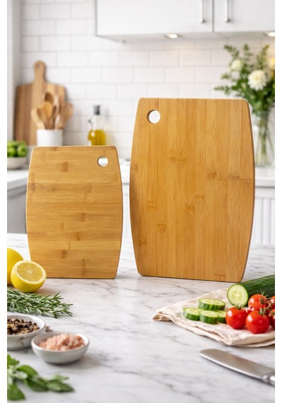 Makri Home 2 Li Bambu Kesme Tahtası Ve Sunum Seti Doğal Ahşap, Dayanıklı, Çok Amaçlı Mutfak Kesim Panosu Ahşap