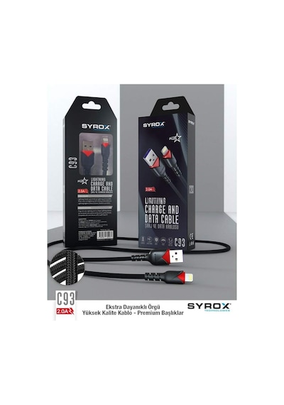 C93 2.0 Mah İph 1 Mt Gül Desenli Kablo Araç Şarjı, Siyah