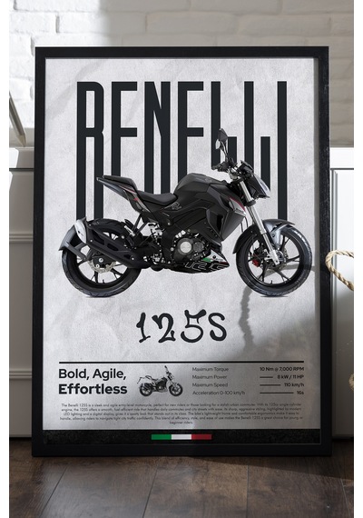 Benelli 125s Siyah Ahşap Çerçeveli Poster, Dekoratif Motosiklet Duvar Tablosu