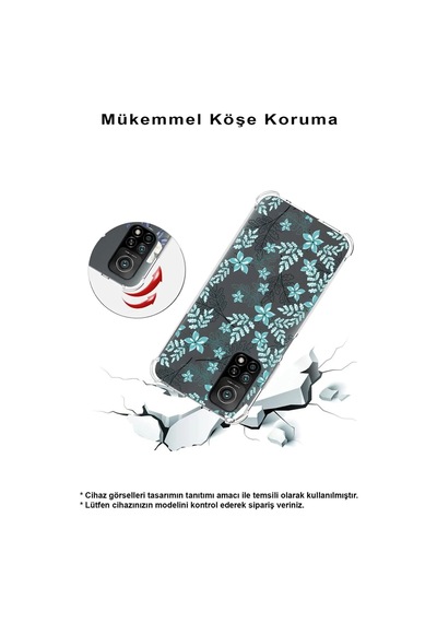 Oppo A94 Uyumlu Köşe Korumalı Floral Su Yeşili Tasarımlı Şeffaf Silikon Kılıf