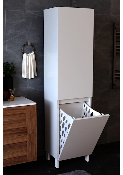 Df03110 Çamaşır Sepetli Çok Amaçlı Banyo Dolabı Kapaklı Raflı Kirli Çamaşır Düzenleme Dolabı Beyaz