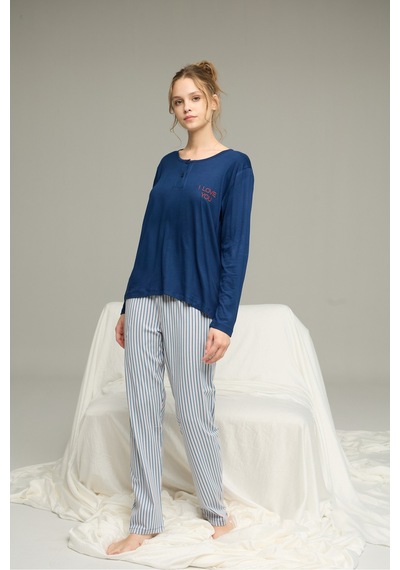 Siyah İnci Düğmeli Örme Pamuklu Pijama Takım25240221 Lacivert