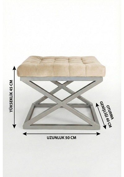 Nexus Babyface Kapitoneli Puf - Krom Metal X Ayaklı Modern Bench 50x40 Cm Bej