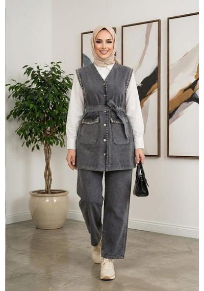 Hb Harma Time Butik Kadın Taş İşlemeli Kuşaklı Yelek-pantolon Siyah Kot İkili Takım Siyah Siyah Hb Harma Time Butik Kadın Taş İşlemeli Kuşaklı Yelek-pantolon Siyah Kot İkili Takım Siyah Siyah