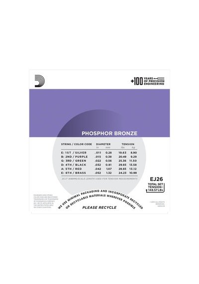 D'addario Ej26 Phosphor Bronze. Custom Light. 11-52 Takım Tel Aku