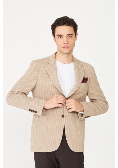 Bej Dokulu Modern Kesim Düğmeli Blazer Ceket Vizon