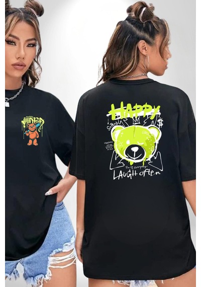 Sık Sık Mutlu Gülmek Teddy Bear Siyah Oversize Unisex Ön Ve Sırt Baskılı Tişört Siyah