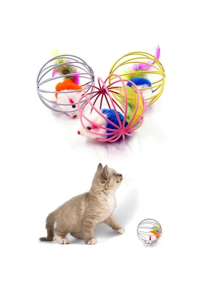 Renkli Metal Kafesli Peluş Fareli Kedi Köpek Oyuncağı Oyun Topu 6 Cm 5691
