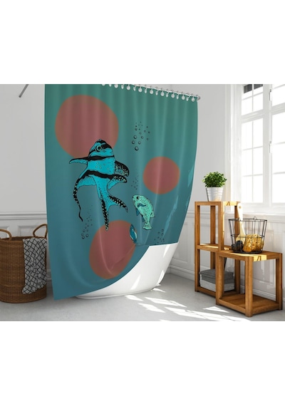 Banyo Perdesi 1x180x200 Tek Kanat Duş Perdesi Halka Hediyeli Duşakabin Perdesi Fish Çok Renkli