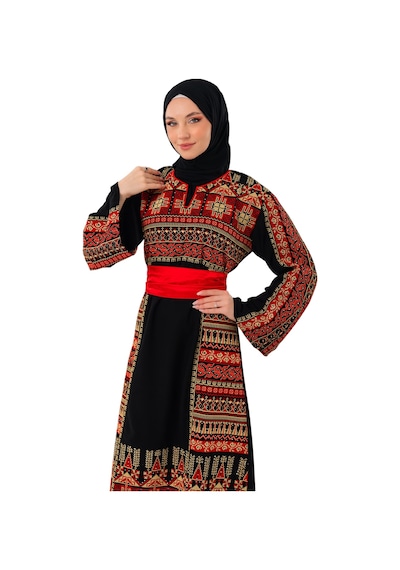 Zaytoon Siyah Rengi Kırmızı Ve Gold Filistin Nakışlı Kırmızı Kemerli Elbise C100054 Altın