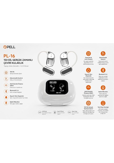 Pell Pl-16 Gerçek Zamanlı Çeviri Kulaklık, 150 Dil Desteği, Yapay Zeka Destekli, Anc, Bluetooth 5.4, Lcd Ekran