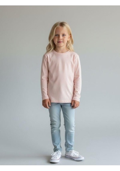 Zekids Kız Çocuk Pamuklu Bisiklet Yaka Uzun Kollu İnce Basic T-shirt-16776 Somon
