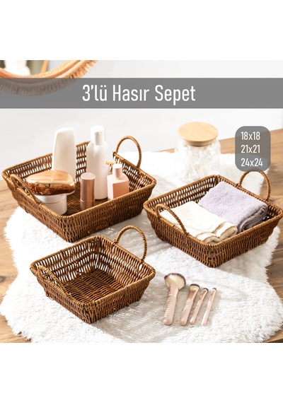 Porsima 303c 3lü Düzenleyici Kare Hasır Sepet Seti Ekmeklik Sepet