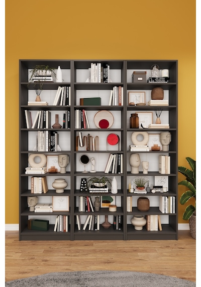 Asra Trend K-27 %100 MDF 180 cm 3 Modüllü Kitaplık 21 Raflı Dev Kütüphane Koyu Gri