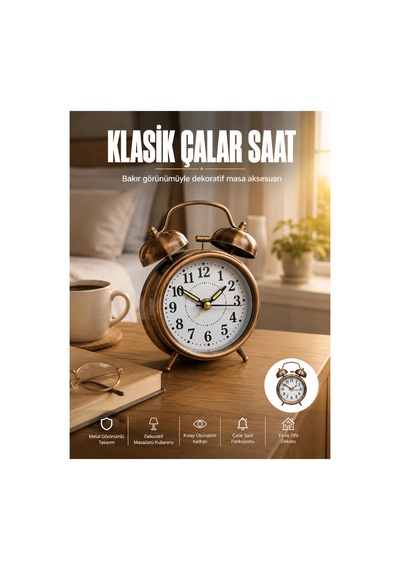 Metal Bronz Nostaljik Masa Saati Alarmlı Büyük Boy Sessiz Mekanizmalı Belirtilmemiş